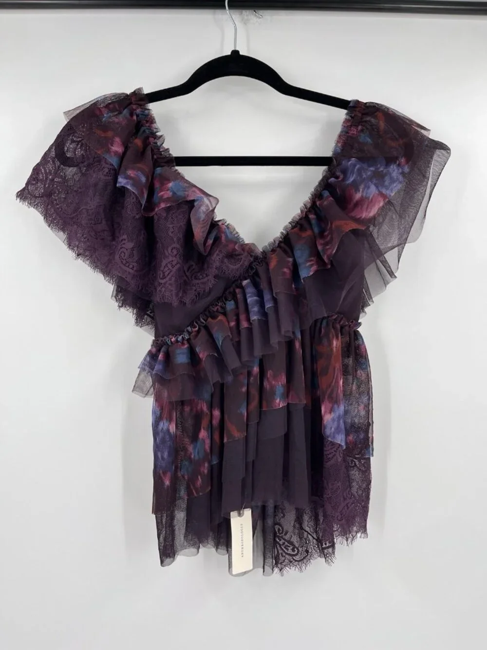 BY ANTHROPOLOGIE Womens Purple Abstract Tulle Ruffle Tie Back Top NWT Small - Picture 2 of 8